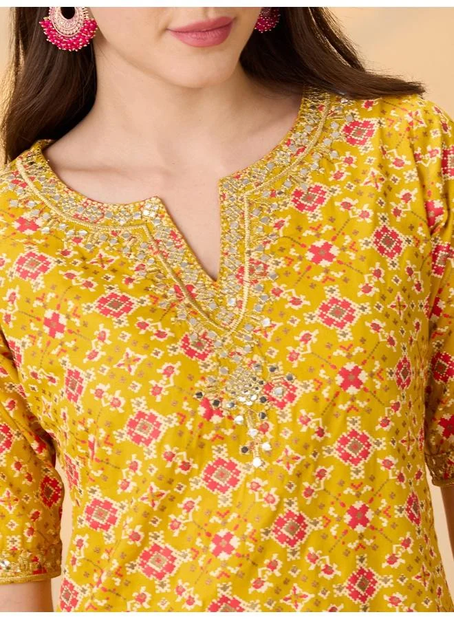 globus Mustard Globus Women Mustard Embroidered & Mirror Work Yoke Ethnic Print Kurti With Palazzos Festive Co-Ord Set for Women | Best Price UAE